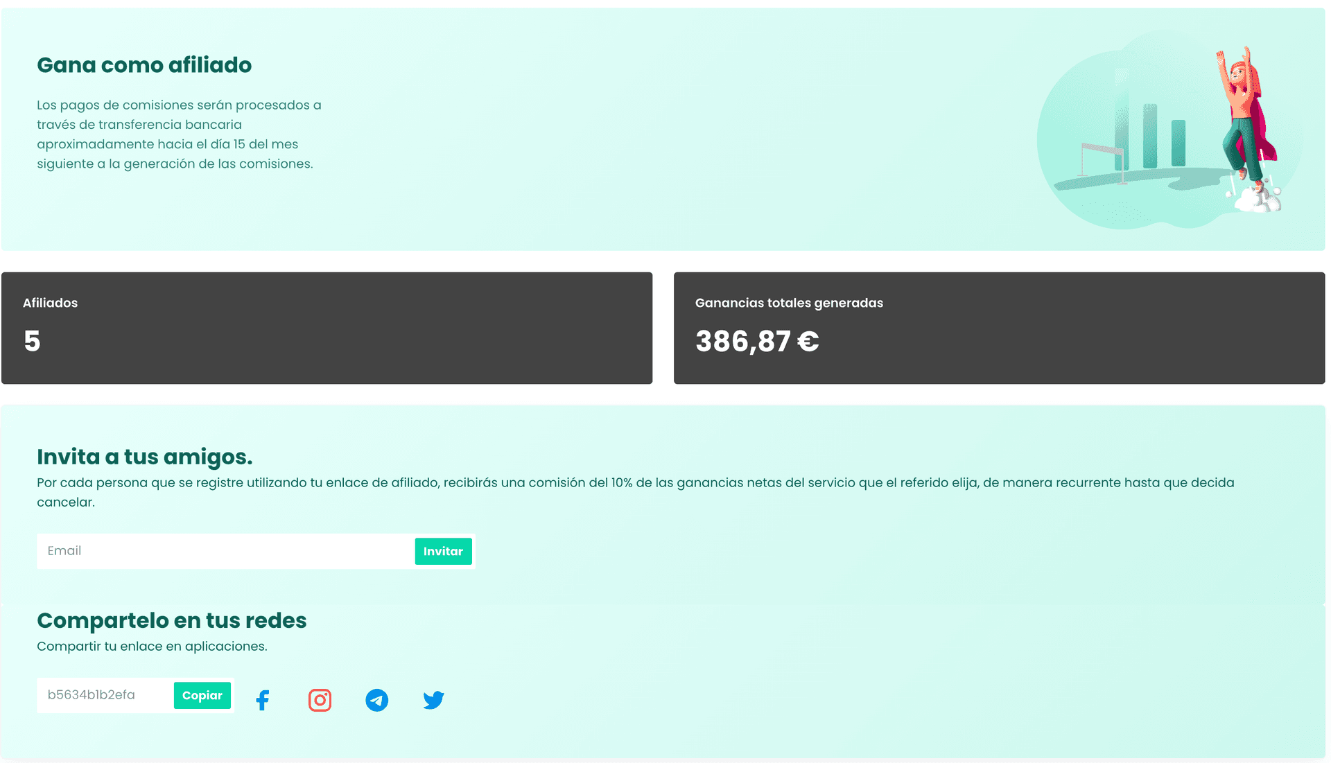 Dashboard de afiliados en Master Bet Academy